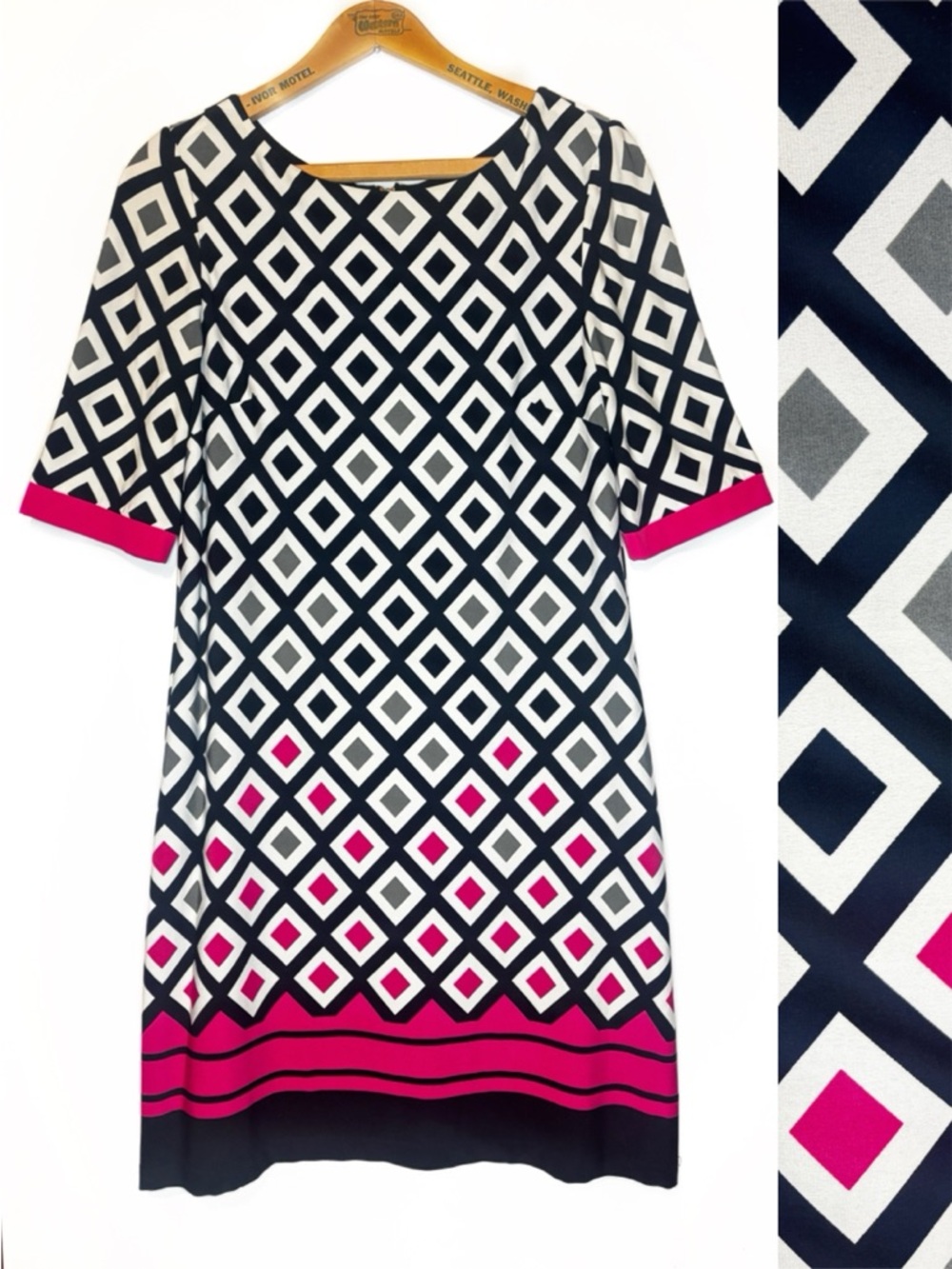 Eliza J Black, White, Grey & Hot Pink Graphic Geometric Midi Shift Dress -10-